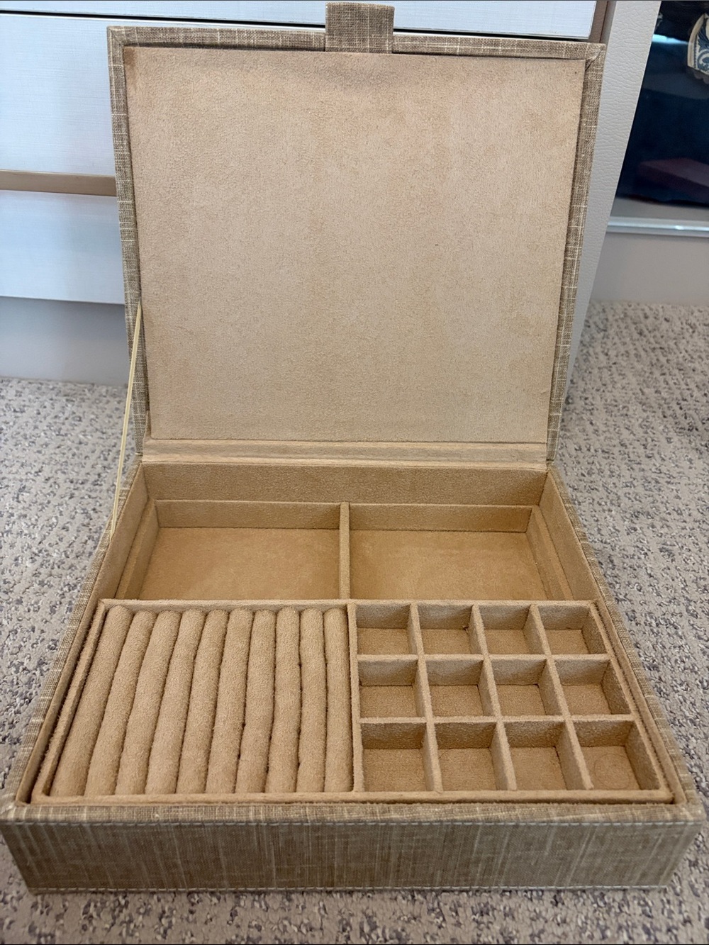 Beige Jewelry Organizer Box with Ring Rolls and Compartments